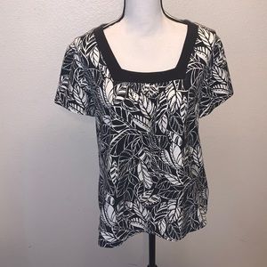 Croft & Barrow petite stretch black & white leaf print square neck shirt